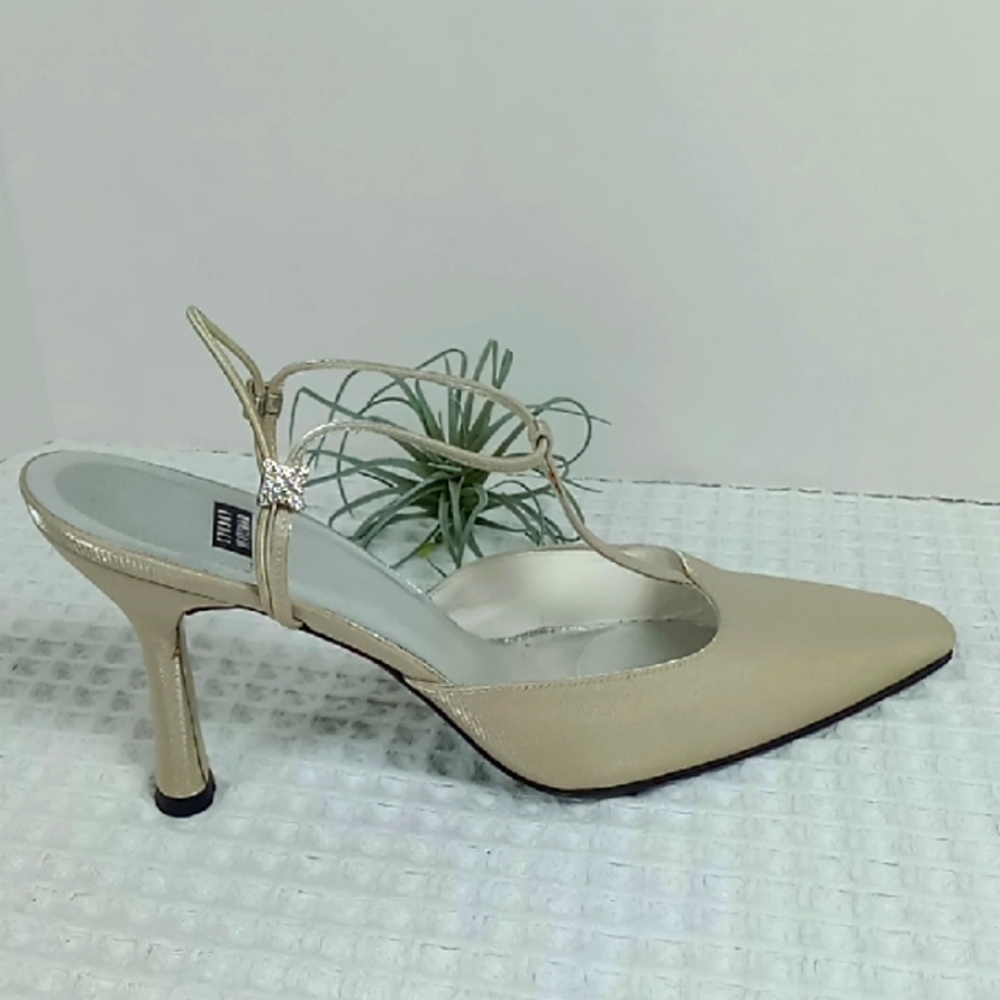 Vintage Stuart Weitzman Nicety Stretchy T-Strap Rhinestone Detail Size 9B Oyster